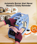 Dope Curved Hat Heat Press Machine With 6.54 By 3.84 Inch Plate demonstrated, gloves worn, caps in background.
