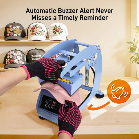 Dope Curved Hat Heat Press Machine With 6.54 By 3.84 Inch Plate demonstrated, gloves worn, caps in background.