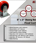Heavy Duty 5 Inch Polyurethane Caster Set Swivel And Fixed Plate Wheels Roll Like A Dream, 5" x 2" fixed caster with red wheel.