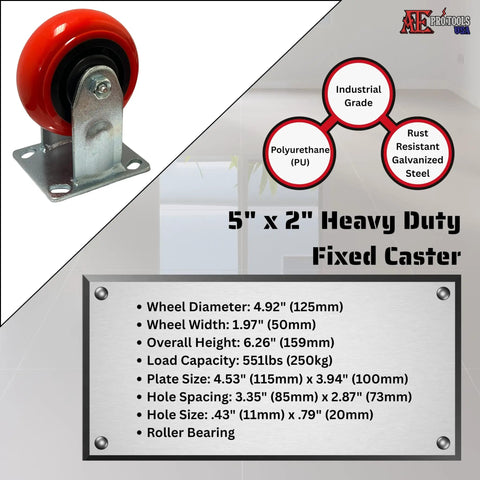 Heavy Duty 5 Inch Polyurethane Caster Set Swivel And Fixed Plate Wheels Roll Like A Dream, 5" x 2" fixed caster with red wheel.
