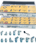 All In One 240 Piece Grease Fittings Kit With 120 Metric And 120 SAE Fittings Including M6 M8 M10 And One Quarter Inch 28 One Eighth Inch 27 Sizes In Straight 45 Degree And 90 Degree Angles With Fitting Caps For Replacing Missing Or Damaged Zerks in box and fittings displayed