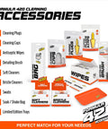 Formula 420 cleaning accessories package with cleaning plugs, caps, wipes, brush, soft cleaners, swabs, shake bag, and tray