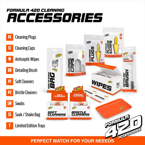 Formula 420 cleaning accessories package with cleaning plugs, caps, wipes, brush, soft cleaners, swabs, shake bag, and tray