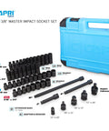 Three Eighths Inch Drive Master Impact Socket Set With Adapters And Extensions In Premium Chrome Molybdenum Steel 48 Piece Kit