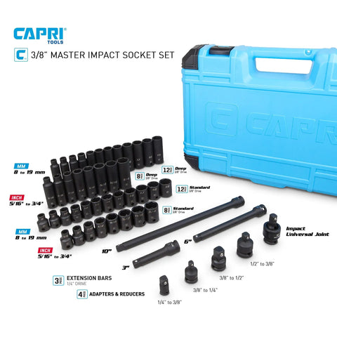 Three Eighths Inch Drive Master Impact Socket Set With Adapters And Extensions In Premium Chrome Molybdenum Steel 48 Piece Kit