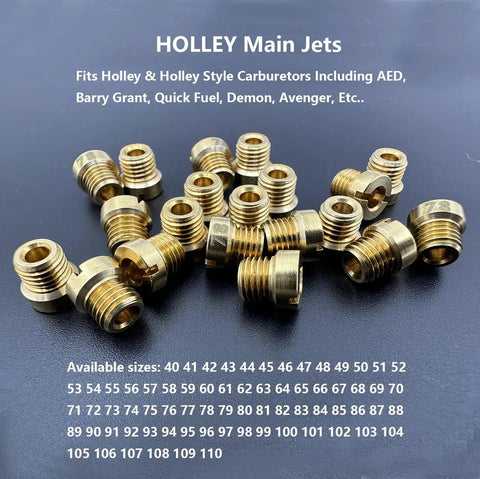 Main Jet Kit For One Quarter Inch By Thirty Two Carbs With Brass CNC Machined Jets Sizes 50 Through 59 Two Pieces Each Total 20 Jets Great For Holley Style Carburetors And Precision Tuning displayed on a dark surface