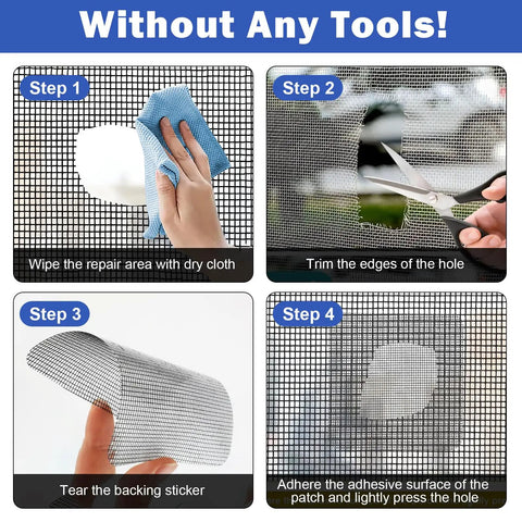Steps showing how to use 16 Pack Window Screen Patch Kit With 5x7 And 4.5x4.5 Inch Patches Fiberglass Self Adhesive Waterproof Mesh Tape.