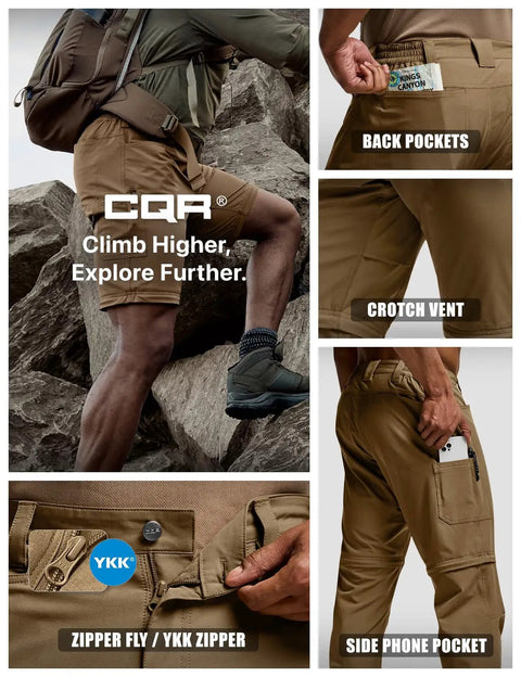 Mens Convertible Cargo Pants For Hiking And Work Water Resistant Zip Off Stretch Tactical Pants Lightweight Quick Dry Outdoor Pants With UPF 50 Sun Protection Rocky Hazelnut 30W 30L with focus on details like zipper, pocket, and fabric features.