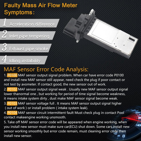 Mass Air Flow Sensor MAF Meter For GM Rides Like Chevrolet Malibu 1.5L 2016 2020 And Cadillac ATS CT6 2016 2020 Replace OE 23118170 23366103 20787043 Direct Fit shown with diagnostic error information.