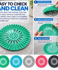 5 Pack Shower Drain Hair Catcher, 5.3 Inch Covers for Bathtub, easy to clean with multi-colored options, showing use and maintenance.