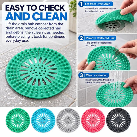 5 Pack Shower Drain Hair Catcher, 5.3 Inch Covers for Bathtub, easy to clean with multi-colored options, showing use and maintenance.