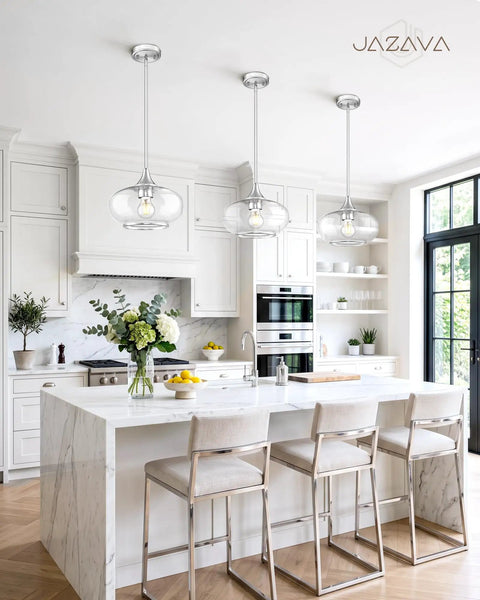 Modern kitchen featuring JAZAVA 9.8 Inch Brushed Nickel Pendant Lights Kitchen Island with bubble glass above an island.