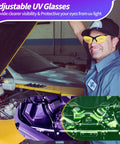 REALHUNLEE auto AC UV dye leak detector kit; mechanic wearing yellow UV glasses beside an open hood car engine