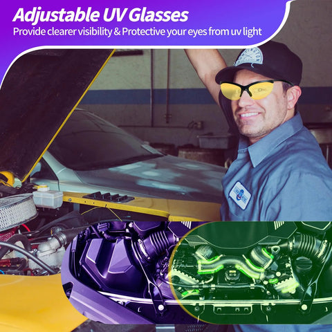 REALHUNLEE auto AC UV dye leak detector kit; mechanic wearing yellow UV glasses beside an open hood car engine