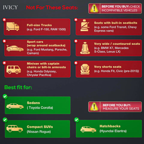 Infographic showing incompatible vehicles for Faux Linen Front Car Seat Cover Non Slip Bucket Seat Protector and best fit types.