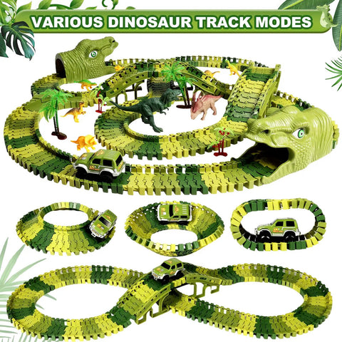 266 Piece Dino Track Set For Kids Ages 3 4 5 6 7 Flexible Race Tracks with 2 Dino Cars, bridges, and tunnels.