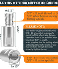 Beefed Up Buff Extender For Buffing Wheels Aluminum Extension Shaft with 5/8 Inch 11 Threads and dimensions shown in chart.