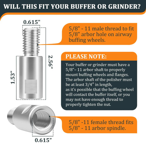 Beefed Up Buff Extender For Buffing Wheels Aluminum Extension Shaft with 5/8 Inch 11 Threads and dimensions shown in chart.