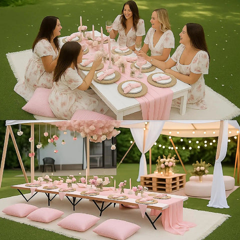 Extra Large Boho Picnic Blanket Set With Pink Table Runner 91 By 71 Inches Includes Six Pillow Covers And Six Napkins in use