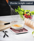 Slim Digital Kitchen Scale With 11Lb Capacity, 6 Unit Modes, tare function in use with bowl of eggs, stainless steel surface