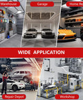 Collage of warehouse, garage, home repair, repair depot, and workshop showcasing wide application of various tools and machinery.