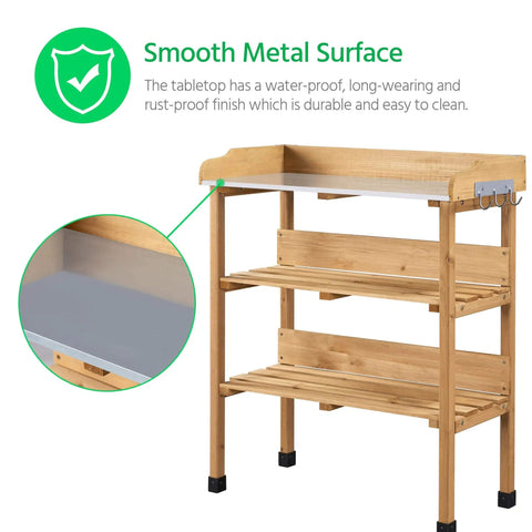 Potting Bench With Natural Wood Top And 3 Tier Shelves Outdoor Garden Workstation With Hooks Fir Wood Potting Table For Planting Storage Organizer For Soil Bags And Tools Space Saving Garden Work Bench