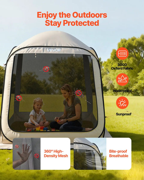 Front view of 6x6 Ft Pop Up Screen Tent For 4 To 8 People Portable Screen Room Gazebo With Netting in a backyard setting.