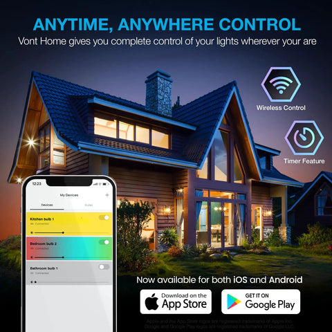 Smart LED Bulbs 2 Pack With WiFi 2.4GHz And Bluetooth 5.0, house exterior lit up with app control interface on smartphone screen.