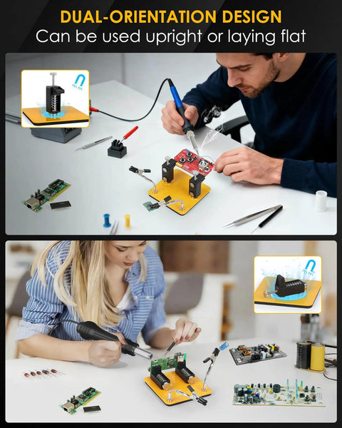 Technicians using Helping Hands Soldering Station With 2 Way Magnetic PCB Holder Clamps for electronics repair.