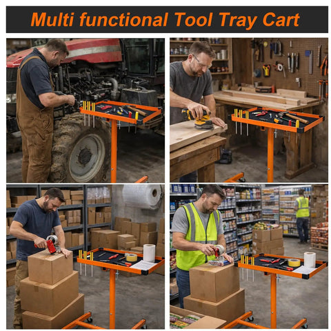 Rock Solid Portable Rolling Work Table With Adjustable Telescoping Post 37.7 To 45 Inches, Tool Tray On Wheels, 200 Pound Capacity For Shop Garage DIY Projects, Orange used in various tasks
