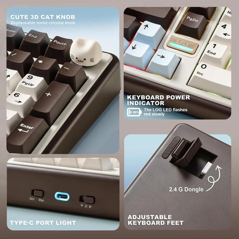 Clean 96 Percent Layout Wireless Mechanical Keyboard With Hot Swappable Switches And Playful Cat Metal Knobs Dedicated Number Pad features close-up of 3D cat knob, power indicator, Type-C port.
