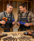 Heavy Duty Angle Grinder And Saw Cutter Featuring Field Ready Drill Bit Sharpening Tool With Brown Fused Alumina Wheel And Antislip Hex Shank For No Sweat Operation And Hard Core Trade Repairs in use by two workers with drills.