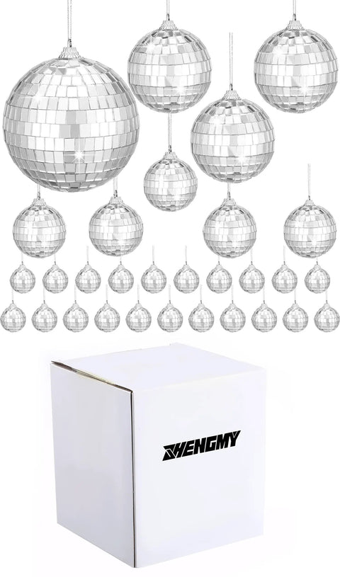 30 Pcs Mini Disco Ball Ornaments Hanging Mirror Balls For Party Decor Wedding, silver balls with packaging box shown