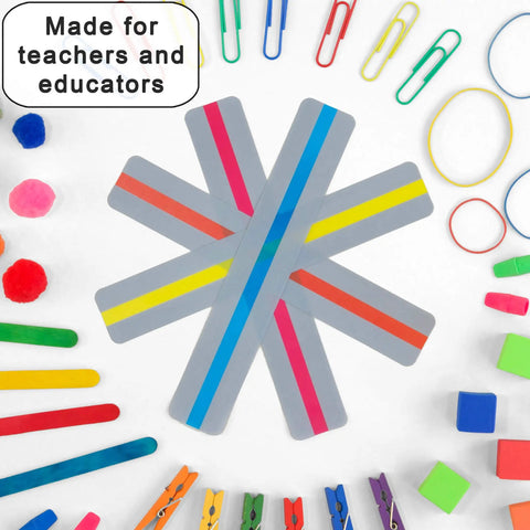 Whisper Reading Phones and Highlight Strips Bundle, 12 colorful strips arranged in star shape with classroom tools around.