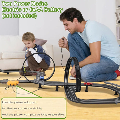Father and son playing with Epic Slot Car Race Track Set With 23 Foot Track, 4 Cars, Battery Powered Or Electric, loop and crossover.