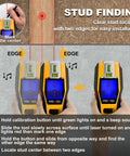 2-In-1 Stud Finder With Laser Level, Rechargeable Cross Line Laser And Wall Scanner used to locate edges of a stud on a wall.