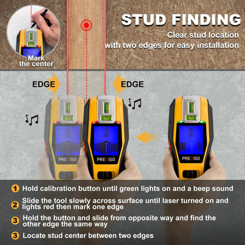 2-In-1 Stud Finder With Laser Level, Rechargeable Cross Line Laser And Wall Scanner used to locate edges of a stud on a wall.