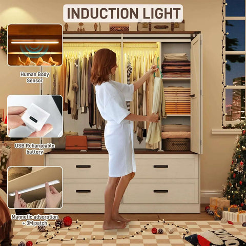Woman using 4 Door Armoire Wardrobe With Sliding Barn Doors LED Lighting Drawers And Hanging Rod Freestanding Wooden Closet In Antique White Finish For Bedroom Storage