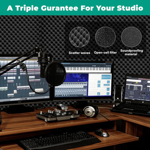 Heavy Duty Soundproof Foam Panels For Walls 4 Pack Acoustic Sound Deadening Tiles 48X24X2 Inch in studio setup with monitors.