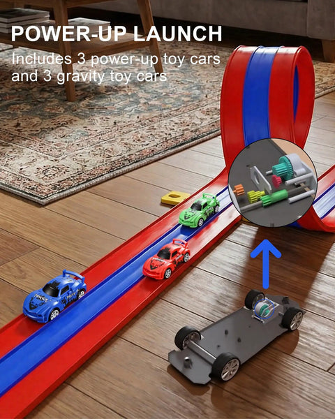 Three Lane Flexible Race Track For Kids With 16.4ft Roll Up Layout Suction Cup Gravity Ramp showing toy cars in red, blue, and green