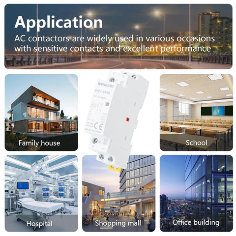 Top Shelf 25A AC Contactor 2NO 2 Pole 120V Coil DIN Rail Mount in various application settings like home, school, hospital, and mall.