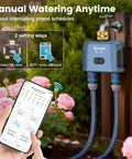 Smart WiFi Garden Hose Timer With Hub And App Control for yard and lawn watering, dual zone, shown with smartphone app.