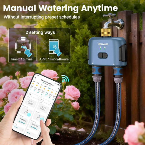 Smart WiFi Garden Hose Timer With Hub And App Control for yard and lawn watering, dual zone, shown with smartphone app.