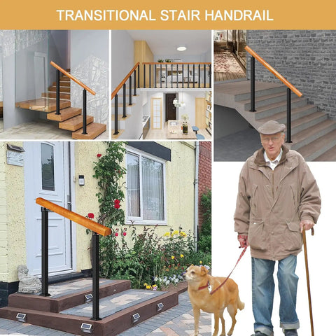 Rock Solid Wooden Stair Railing Heavy Duty Floor Mounted Handrail For Three To Four Steps Top Shelf Deck and Garden in outdoor settings.