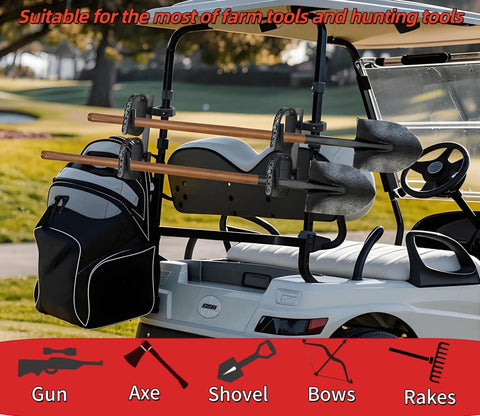 Double Tier Roll Bar Gun Rack For Trucks, ATVs, UTVs And Snowmobiles With Heavy Duty Tool And Shovel Mount on golf cart