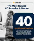 Man smiling at computer with text 'The Most Trusted PC Transfer Software' highlighting 40 years of experience of PCmover Ultimate 11 Migration Tool.