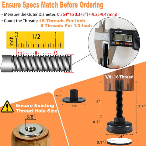 Heavy Duty Furniture Leveling Feet Adjustable Levelers diagram with measurements and thread specs, 3/8-16 thread, black, screw-on T nut