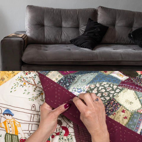 Hands using upholstery repair kit with waxed thread in 3 colors and heavy duty needles for a quilting project.