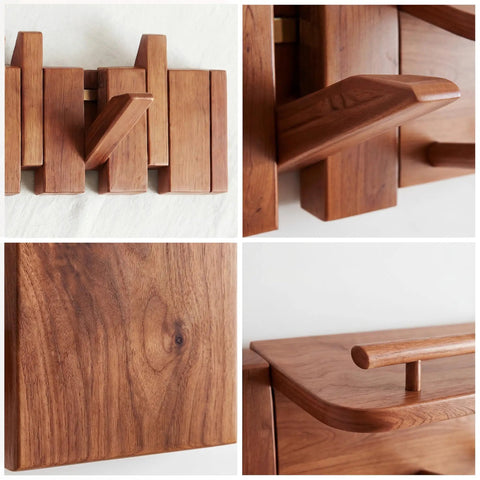 Close-up details of the Dope Mid Century Modern Walnut Foldable Entryway Wall Coat Rack With Shelf And 9 Hooks Heavy Duty Wooden Wall Organizer.