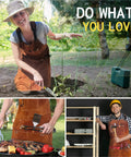 Rugged Leather Welding Apron With Eleven Tool Pockets for Woodworking and Metalworking worn by gardener, carpenter, and cook.